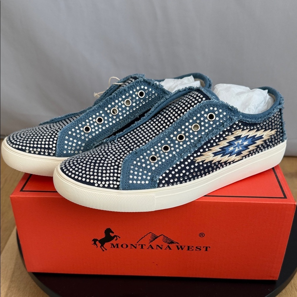 Montana West Blue Studded Aztec Slip-On Sneakers